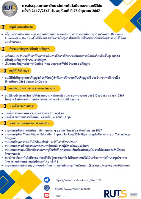 สรุปมติที่ประชุมสภามหาวิทยาลัยฯ ครั้งที่ 241 7 2567 สำนักงานสภามหาวิทยาลัยเทคโนโลยีราชมงคลศรีวิชัย