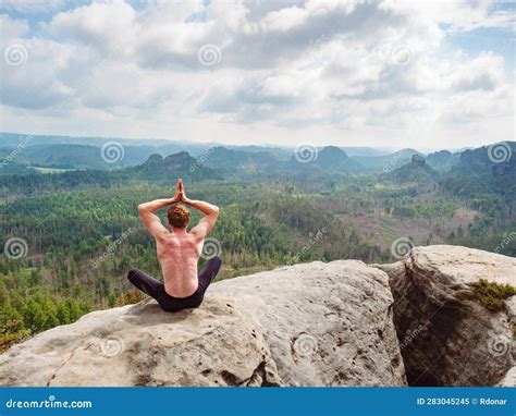 Yoga Pose Half Naked Man On Mountain Summit Stock Image Image Of Concentration Legs