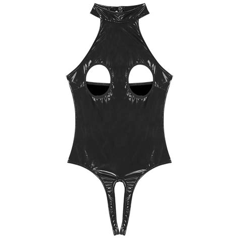 Women S Wet Look Leather Lingerie Bodycon Catsuit Halter Bodysuit Thong Leotard EBay