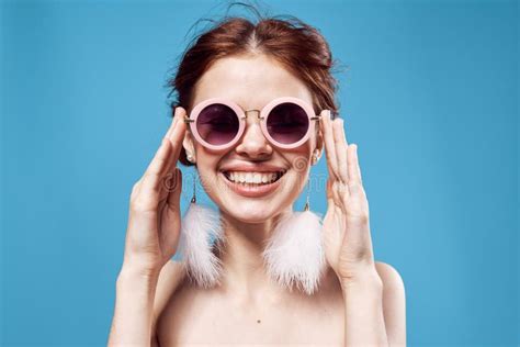 Joyful Woman Naked Shoulders Emotions Studio Fashion Posing Stock Image Image Of Eyes Jewelry