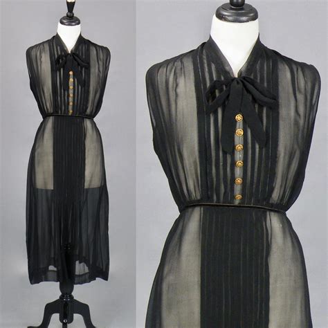 1930s Sheer Black Pussy Bow Dress Vintage 30s Dress Black Silk Georgette Dress With Ornate