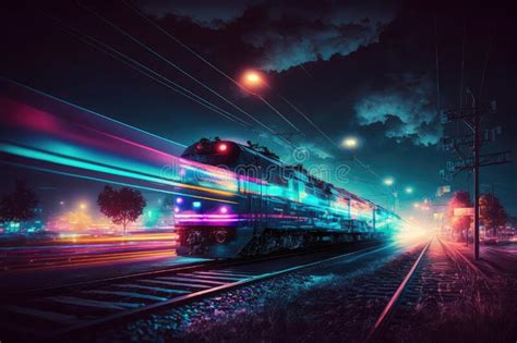 Neon Night City Crossing With Speeding Train Creating A Unique And