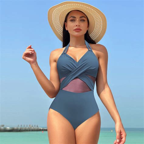 Halter Neck One Piece Swimsuit Summer Solid Color Cross Strap Design Mesh Bikini Beach Vacation