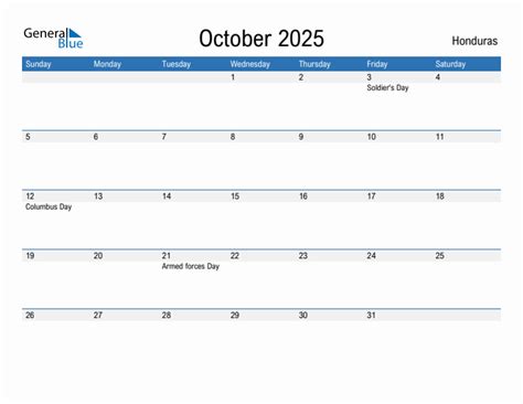 Editable October 2025 Calendar With Honduras Holidays