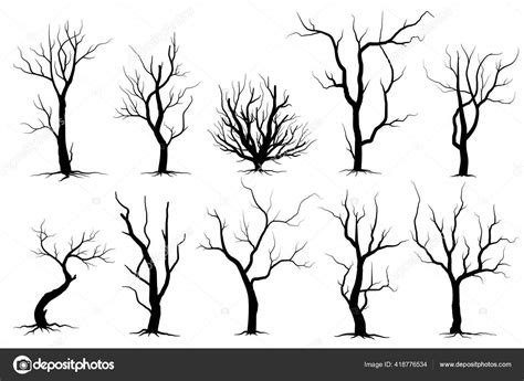 Black Branch Tree Naked Trees Silhouettes Set Hand Drawn Isolated Stock Vector By Mineemail