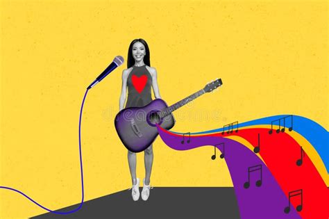 Creative Image Collage Young Pretty Cheerful Girl Microphone Concert