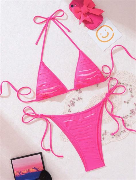 Shein Vcay Women S Solid Color Halter Neck Bikini Set With Separate