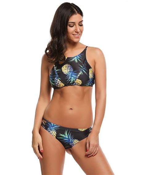 Women Two Piece Halter Bikini Set Print Top With Print Cut Out Bottoms Black C Nugi
