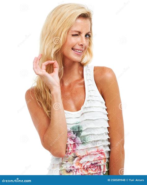 Its Just A Perfect Day Pretty Blonde Surfer Showing A Hand Signal For Perfection Isolated On