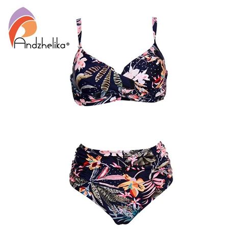 Cheap Andzhelika Flower Print Bikini Plus Size Swimwear Women Push Up High Waist Bikini Set Two