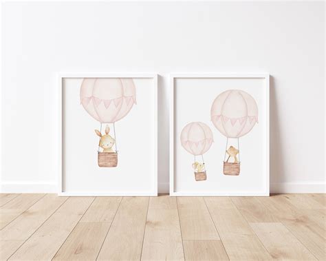 Blush Pink Hot Air Balloon Nursery Print Bunny Print Nursery Wall Art Adventure Baby Girl