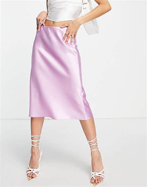 Asos Design Low Rise Satin Bias Midi Skirt In Lilac Asos