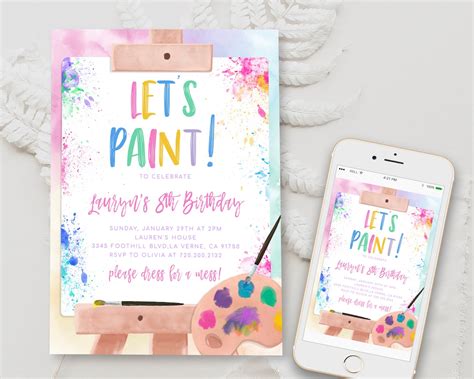 Editable Art Birthday Party Paint Party Invitation Template Pastel