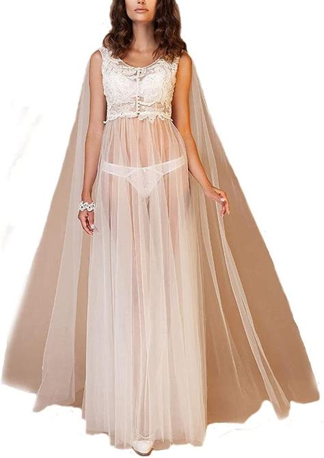 Bathgown Bridal Dressing Robe Tulle Illusion Sheer Long Lingerie Gown Sexy Nightgown For Women
