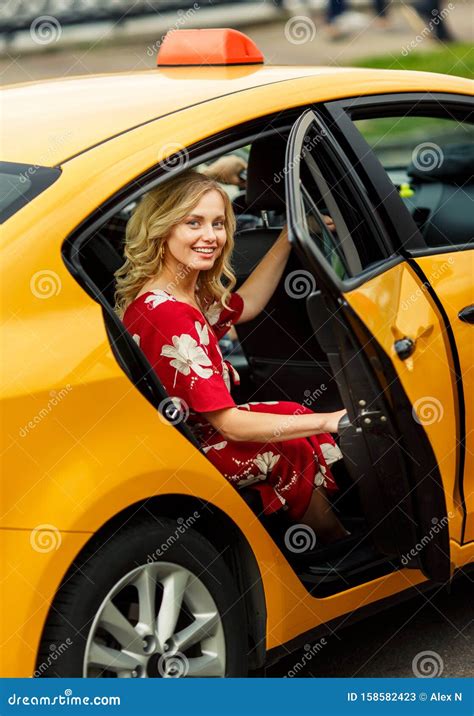 Photo Of Blonde In Red Dress Sitting In Taxi On Summer Stock Image Image Of Fashion Posing