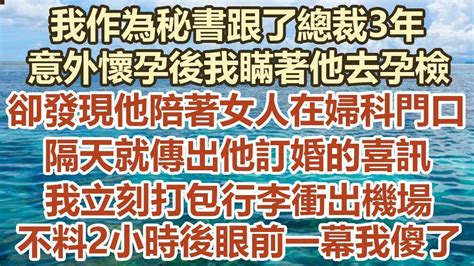 我作為秘書跟了總裁3年，意外懷孕後我瞞著他去孕檢，卻發現他陪著女人在婦科門口，隔天就傳出他訂婚的喜訊，我立刻打包行李衝出機場，不料2 小時後眼前一幕我傻了 幸福敲門 為人處世 生活經驗