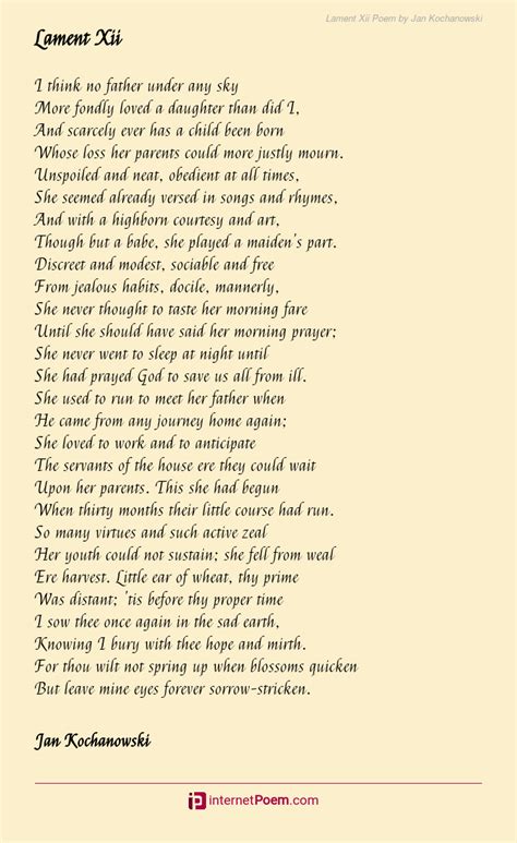 Lament Xii Poem by Jan Kochanowski