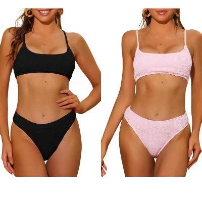 INSPIRE CHIC Women S Ribbed Adjustable Spaghetti Straps Sports Bikini Sets 2 Sets Black Pink