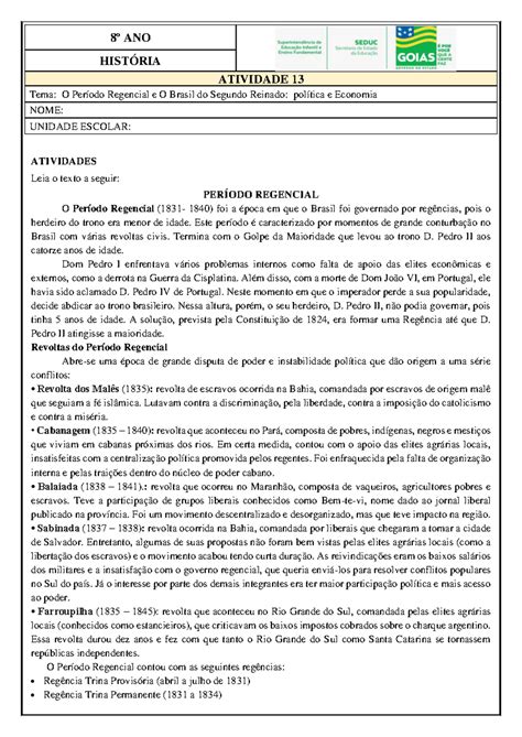 Exercicios Sobre O Periodo Regencial - BINKEDU
