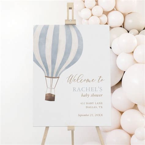 Blue Hot Air Balloon Baby Shower Welcome Sign Zazzle Hot Air Balloon Baby Shower Baby