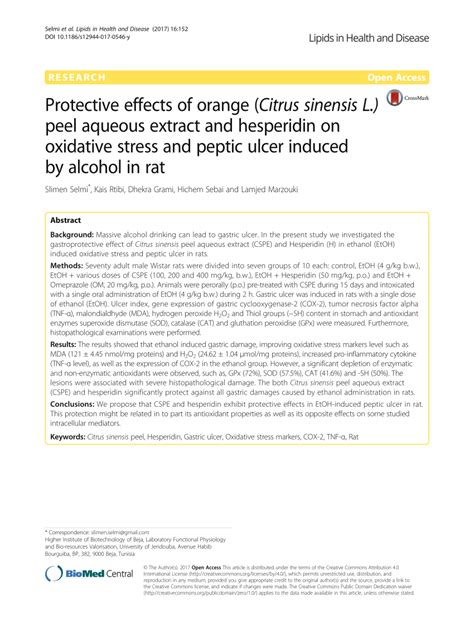 PDF Protective Effects Of Orange Citrus Sinensis L Peel Aqueous