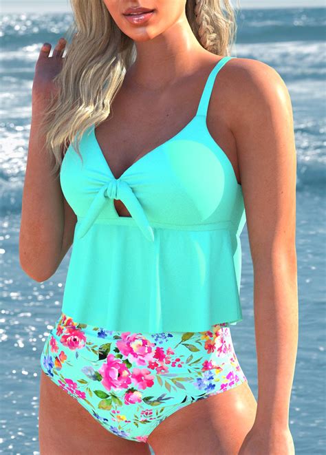 Floral Print Bowknot Mint Green Bikini Set Rosewe USD