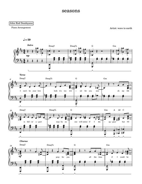 Wave To Earth Seasons PIANO SHEET Sheets By John Rod Dondoyano