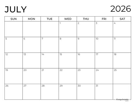 July 2026 Calendars Free Printable And Fillable Calendar Template