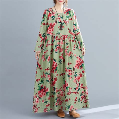 Vrouwen Bloemenprint Jurk Multi Color O Hals Lange Grandado