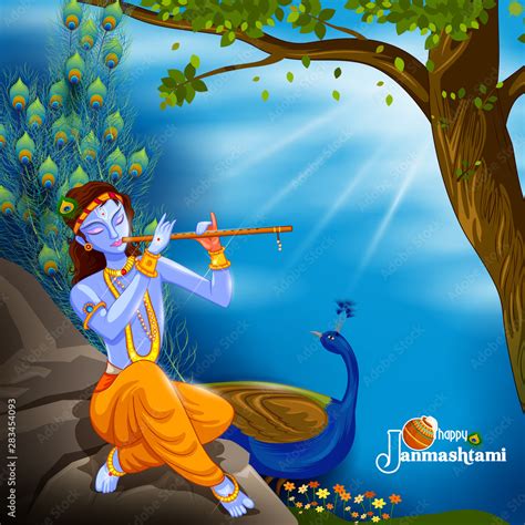 Vector Illustration Of God Krishna Playing Flute On Happy Janmashtami