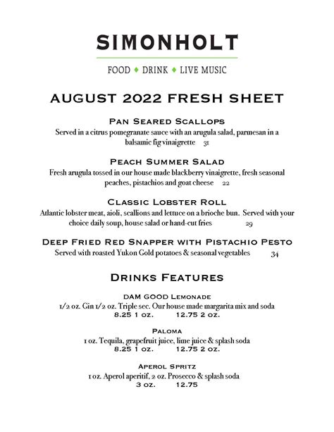 August 2022 Simonholt Freshsheet Simonholt Restaurant Food Drink