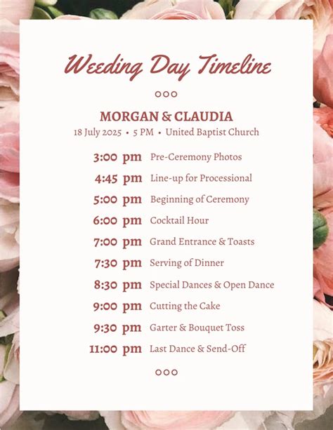 Modèle de chronogramme pour le jour du mariage rose simple et floral