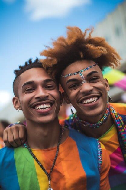 Casal feliz comemorando no desfile do orgulho gay lgbtq em são paulo Foto Premium