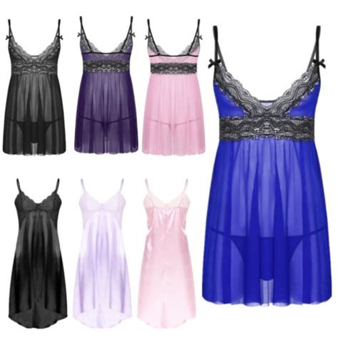 Sissy Men Lace Mesh Lingerie Crossdress Babydolls Girly Nightwear Pajamas Dress EBay