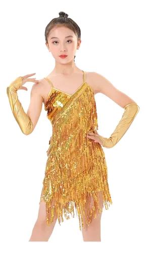 Vestido Infantil Para Dança Latina Franjas E Lantejoulas Parcelamento sem juros