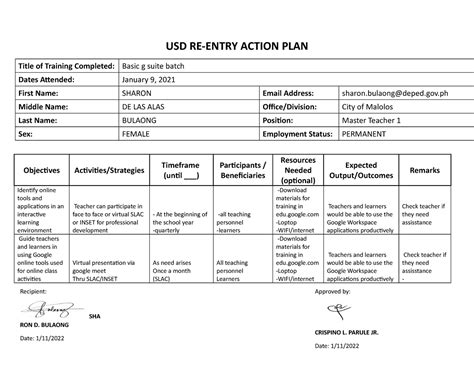 USD REAP Action Plan USD RE ENTRY ACTION PLAN Title Of Training