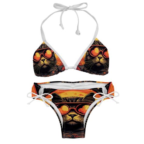 Retro Cat Swim Suit Bikini Sets With Detachable Sponge Adjustable Strap Two Pack Versatile