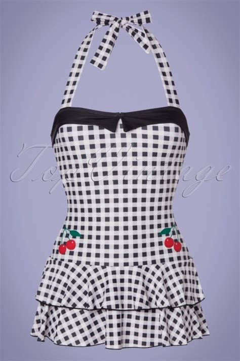 Pussy Deluxe Classic Collar Gingham Halter Swimsuit Années 50 en Noir et Blanc Acheter chez