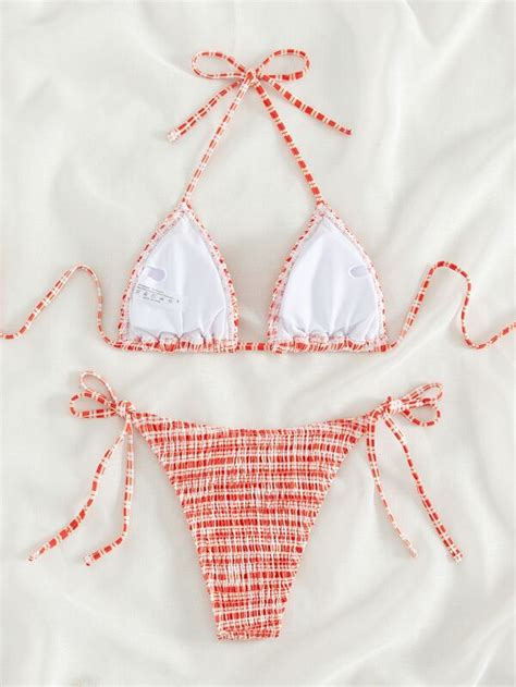 Conjunto de bikini a rayas Sujetador de triángulo fruncido y bottom de tanga Traje de baño de 2