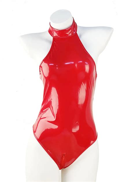 Ecoparty Sexy Lingerie Pu Leather Bodysuits With Socks Gloves Women Wet Look Latex Zip Open