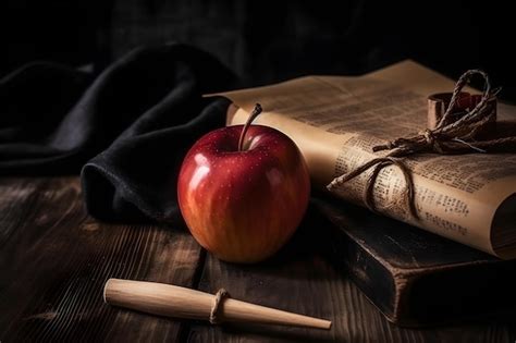 Premium Ai Image Graduation Cap Apple And Diploma On Wooden Table