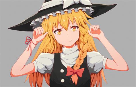 Blonde Hair Bow Braids Close Fang Gray Hat Kirisame Marisa Long Hair Ribbons Touhou Witch Hat