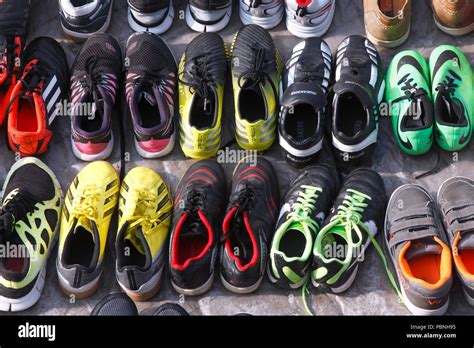 colorful sport shoes on a flea market stall, Bremen, Germany, Europe I ...