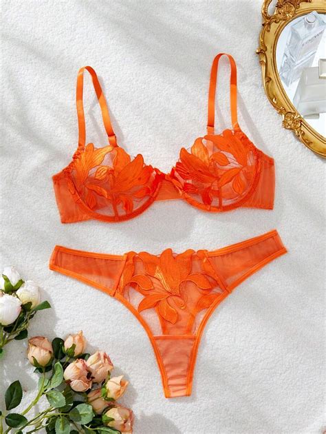 Pcs Set Romantic Embroidered Sexy Orange Lingerie Set SHEIN USA
