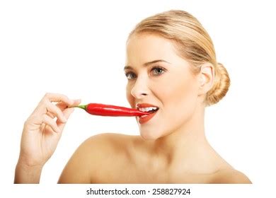 Happy Blonde Nude Woman Eating Chilli Stock Photo 318625751 Shutterstock