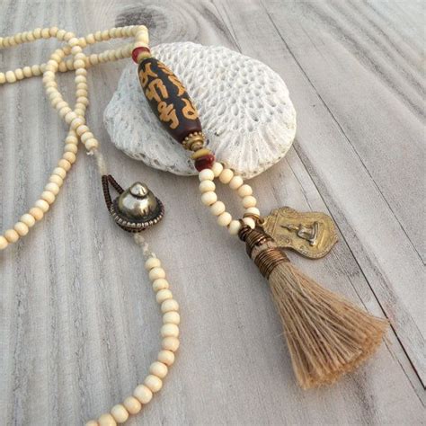 Reserved For Mel Long Mala Tassel Necklace Rust And Cream Om Mani