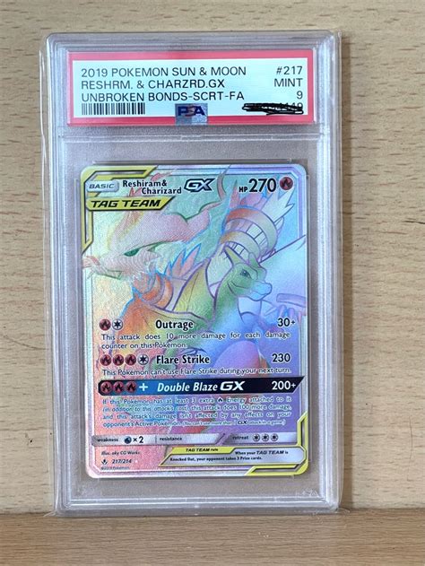 Pokemon Reshiram Charizard GX Unbroken Bonds Rainbow Rare PSA 9