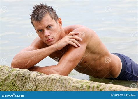 Muscle Wet Naked Man In Sea Water Stock Photo Image Of Stone Reef