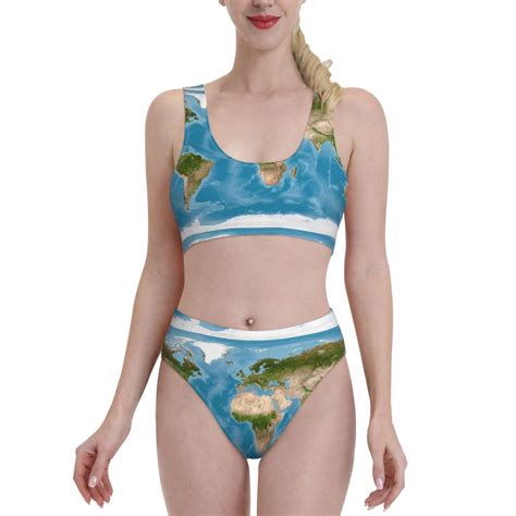 Lukts Women High Waisted Bikini Set Earth View World Map Swimsuit Piece Bathing Suit Tummy