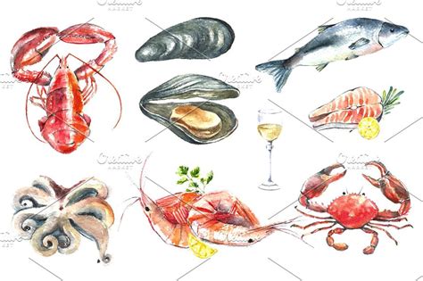 Watercolor Seafood Set Color Pencil Illustration Watercolor